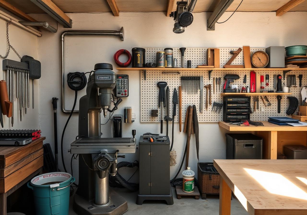 Doppelgarage als erste Werkstatt mit Bohrmaschine und Werkzeugwand