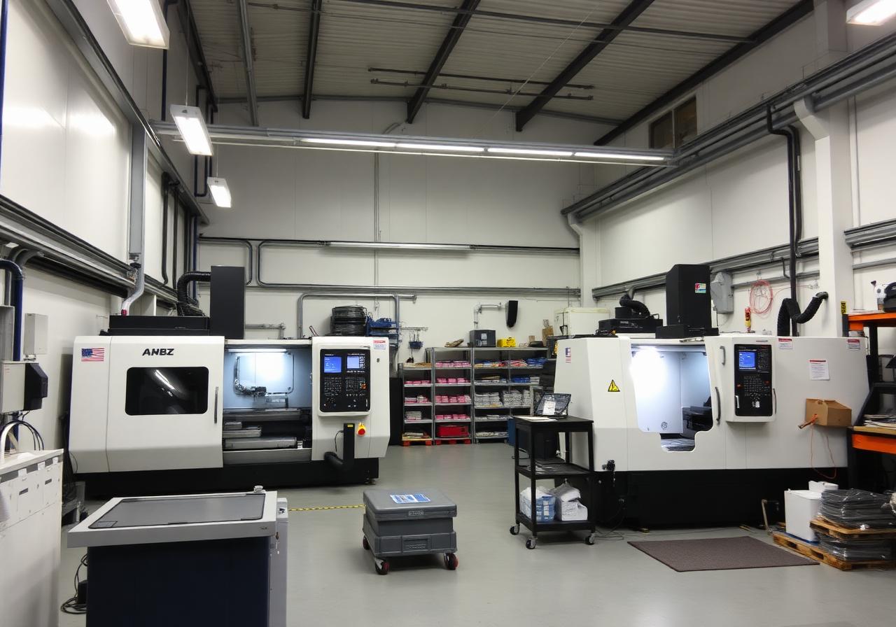 Innenansicht der Gewerbehalle mit den ersten CNC-Maschinen